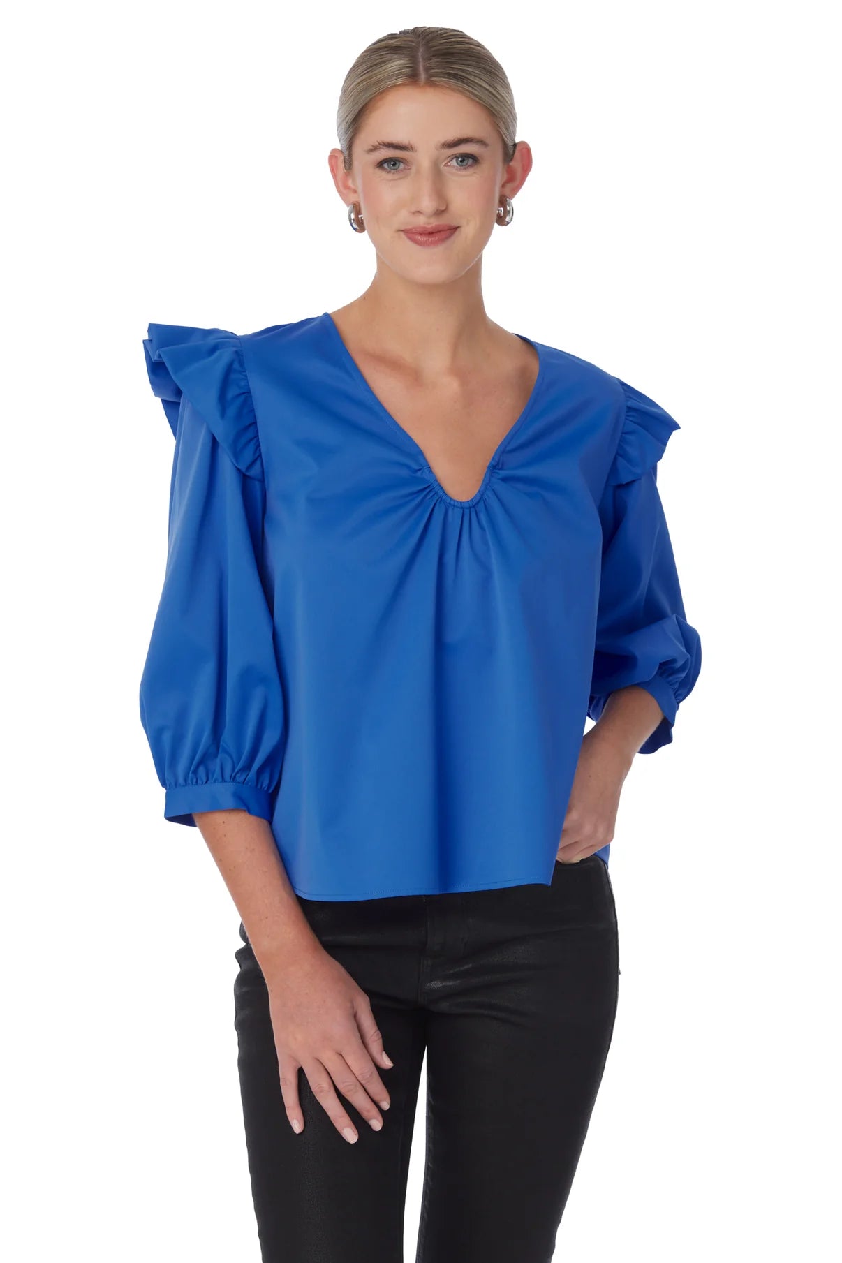 Ellie Ruffle Black Top - Pure Silk With Jersey Lining – GUINEA