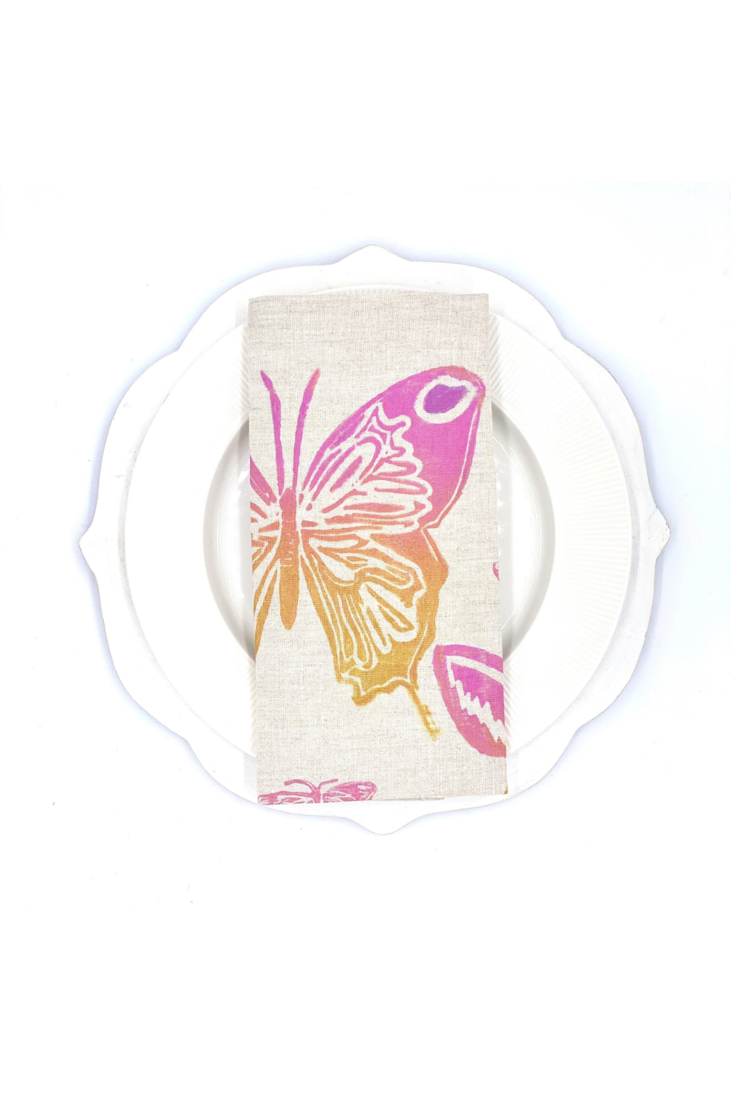 Painted Butterflies Embroidered Linen Dinner Napkins, White with Gold -  Hunt Slonem