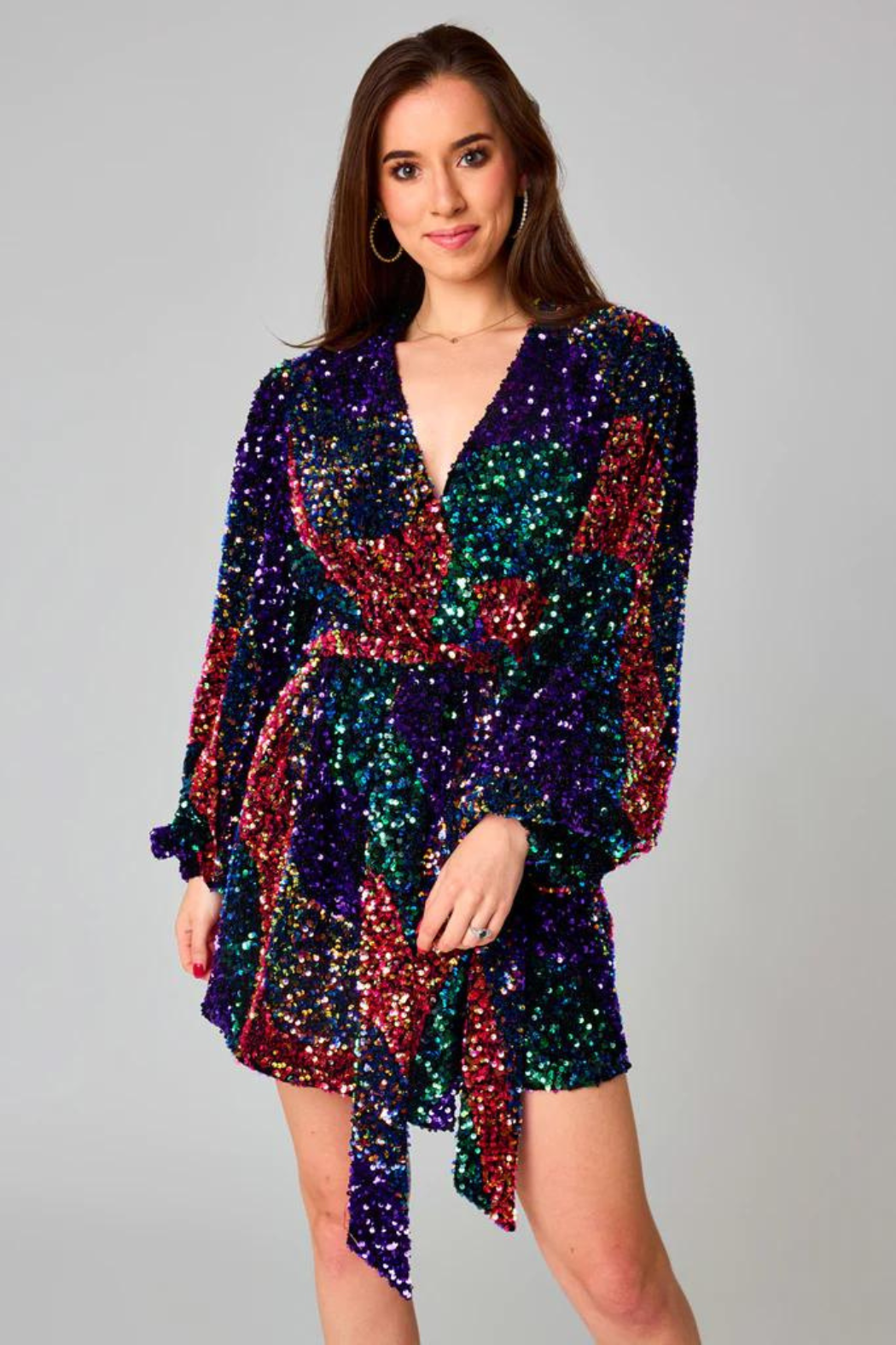 Tall Rainbow Striped Sequin Wrap Belted Mini Dress