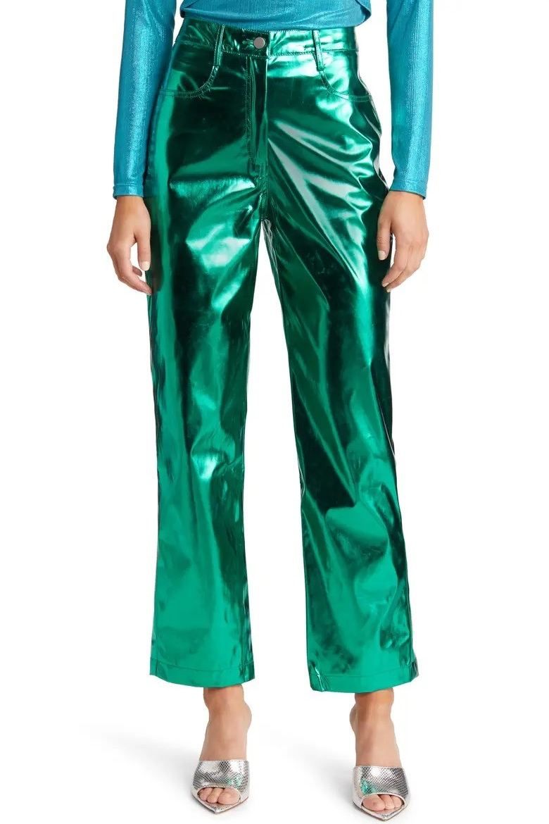 Metallic Green Pants, High Waist Pants